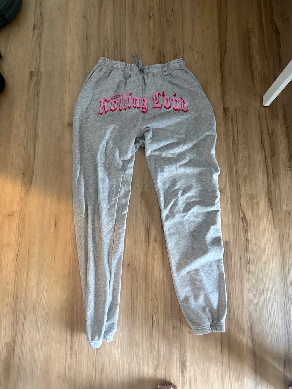 Grey Track Pants with Pink 'Rolling Loud' Graphic